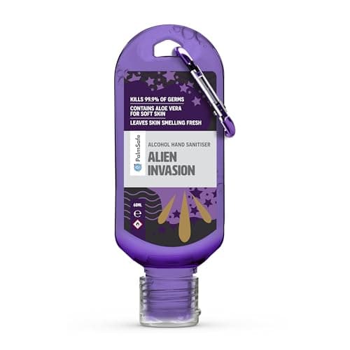 Image of Palm Safe Alien Invasion 60ml Anti Bacterial Premium Hand Sanitiser Travel Size Refillable Clip Bottle Quick Drying Non Sticky Extra Moisturising Kills 99.9% of Viruses