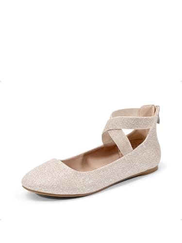 Image of DREAM PAIRS Womens Ballerina Flat Fashion Elastic Ankle Straps Cross Strap Round Toe Comfy Ballet Pumps Dolly Shoes,Size 7,Gold/Glitter,Sole_Stretchy