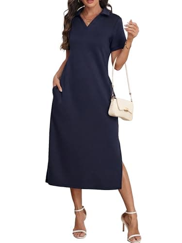 Image of GRECERELLE Womens Maxi Polo Dress Summer Short Sleeve Thick Anti-Wrinkle Soft Dresses with Pockets for Casual Daily & Work Wear (Navy Blue, XL)