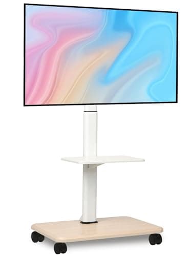 Image of Hellsehen Rolling TV Stand for 32-70 Inch Flat Curved LED LCD OLED Screens up to 100lbs Height Adjustable Mobile TV Cart with Lockable Wheels & Laptop Shelf for Bedroom Outdoor Office Small Dorm White