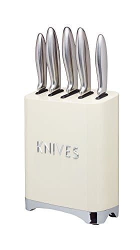 Image of KitchenCraft Lovello Retro 5-Piece Stainless Steel Knife Set and Knife Block – Vanilla Cream, 19 x 1 x 24.5 cm