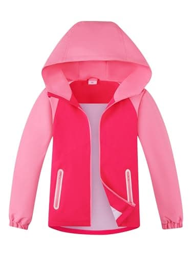 Image of SERENYOU Girls Waterproof Jackets Kids Mesh Lined Raincoat Hooded Windbreaker Coat 7-8 Years, Size 130 Hot Pink