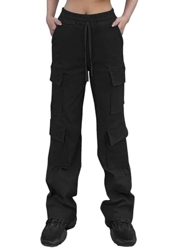 Image of Nuofengkudu Black Ladies Cargo Trousers Stretch Loose Fit Elasticated High Waisted Combat Pants Straight-Leg Utility Pockets Drawstring Y2K Teen Girls Punk Streetwear Casual Bottoms 2XL