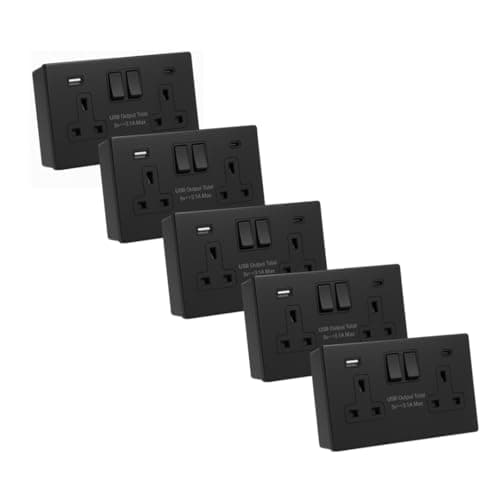 Image of SHPELEC® Matt Black Screwless Sockets & Switches Premium Black Wiring Accessories Range (2 Gang Socket with USB Ports (Type A&C) & 35mm Back Box, 5 PACK)