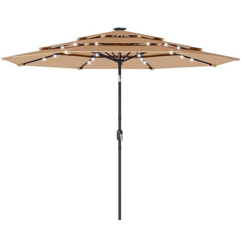 Image of Outsunny 2.8 m Garden Parasol Umbrella with LED Solar Light, Parasol Cover, 3 Tier Outdoor Table Market Patio Umbrella Sun Shade with Tilt and Crank, 8 Ribs, Khaki