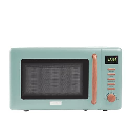 Image of Haden Dorchester Green Microwave Oven - 20L 800W Microwave, Digital Controls, 5 Power Levels - Ideal Countertop Microwave with Wood Effect Finish, Small Kitchen Space