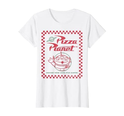Image of Disney Pixar Toy Story Alien Pizza Planet Box Art T-Shirt, Women, White, Small