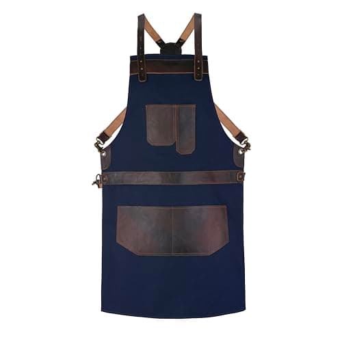Image of Leathershire Full Grain Leather Canvas Apron Butcher DIY BBQ Cooking Blacksmith Barber woodwork apron (Blue 1)