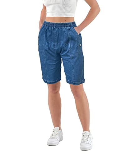Image of Womens Denim Shorts with Pockets Lightweight Elasticated Summer Easy Care Ladies Travelling Pull on Comfy Lounge Shorts Plus Size (16, Jeans Blue)