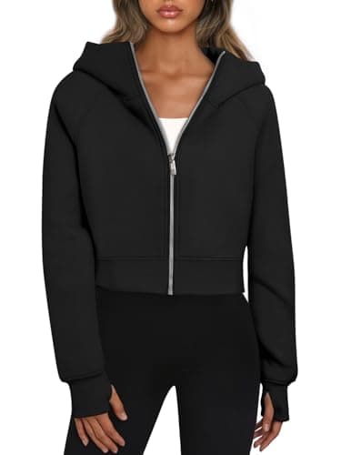 Image of Trendy Queen Womens Zip Up Hoodies Jackets Cropped Sweatshirts Fleece Fall Outfits Casual Comfy Y2k Tops Winter Clothes 2025, Black, M