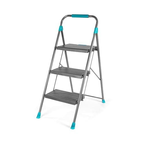 Image of Beldray Easy-Fold 3 Step Ladder – Sturdy Folding Step Ladder with Wide Non-Slip Steps, Anti-Slip Plastic Feet, Cushioned Foam Handle, Push-to-Fold Locking System & Strong Steel Frame for Home Safety