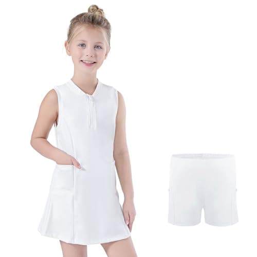 Image of Bezioner Girls Tennis Dress with Shorts Pockets A-Line Golf Outfits Zipper Workout Athletic Dresses Sleeveless Active Dress White 140(9-10 Years,130-140cm)
