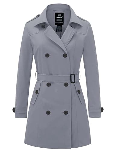 Image of Wantdo Women's Waterproof Double-Breasted Trench Coat Classic Lapel Overcoat Slim Outerwear Coat with Belt Gray M