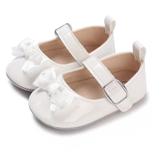 Image of MASOCIO Baby Girl Shoes Infant Girls First Walking Mary Jane Christening Pram Crib Shoes Pre Walkers Soft Sole Size 4 UK Child 12-18 Months White