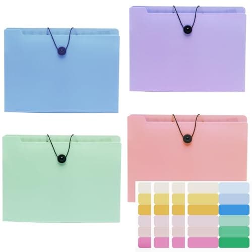 Image of A4 Expanding File Organiser, 4 Pack A4 Expanding File Organizer with 12 Compartments, Colored Index Dividers and Stickers, Large Capacity Plastic Accordion Folder for Documents Bills Receipts