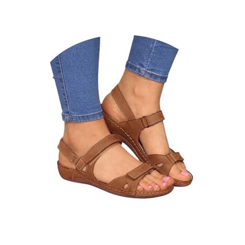 Image of Generic Women's Brown Wedge Sandals Size 7 UK, Open Toe Ankle Strap, Arch Support, Anti-Slip, Comfortable Wedge Platform Sandals