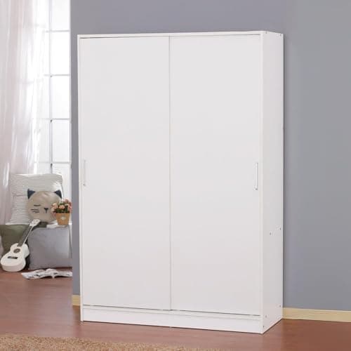 Image of Home Source 2 Door Sliding Wardrobe – White Modern Wardrobe with Hanging Rail & Storage Shelves – Space-Saving Bedroom Furniture, Durable Particleboard, Easy Home Assembly
