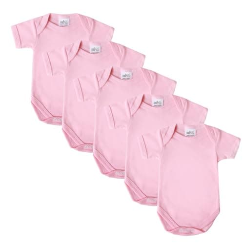 Image of Baby Bodysuits, Baby Vests, Newborn Vests, Cotton Short Sleeved, British Made for Boys or Girls, 5 Pack, Pink, Newborn