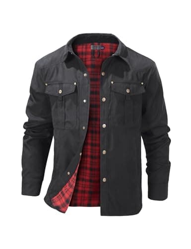 Image of Haellun Men's Flannel Lined Shacket Long Sleeve Plaid Western Cowboy Snap Button Down Shirts Jackets with Pockets, Black, L