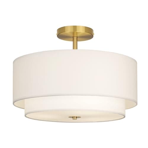 Image of CALOKES 40 cm Dual Drum Gold 3-Light Semi Flush Mount Ceiling Light, Classic White Fabric Linen Shade Design for Living Room, Bedroom, Kitchen, Dining Room, Hallway and Entryway