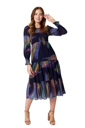 Image of Izabel London Feather Print Midi Smock Dress for Women UK with Round Neck, Long Sleeves and Tiered midi Skirt. Multi Blue