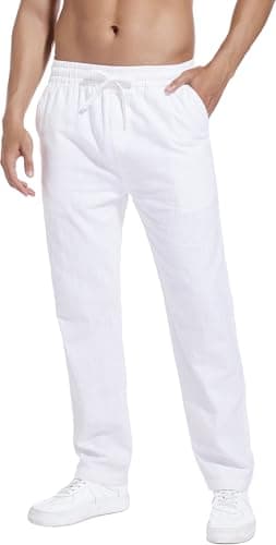 Image of Hoerev Linen Cotton Casual Trousers - Breathe Easy with Lightweight Beach Shore Pants,M White