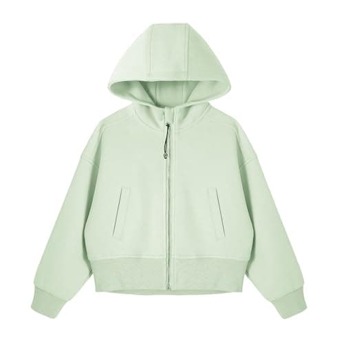 Image of Rolanko Girls Cropped Zip Up Hoodie, Cozy Long Sleeve Hooded Jacket Casual Sweatshirt Tops with Pockets for Teen Kids, Green, 10-11 Years, 150