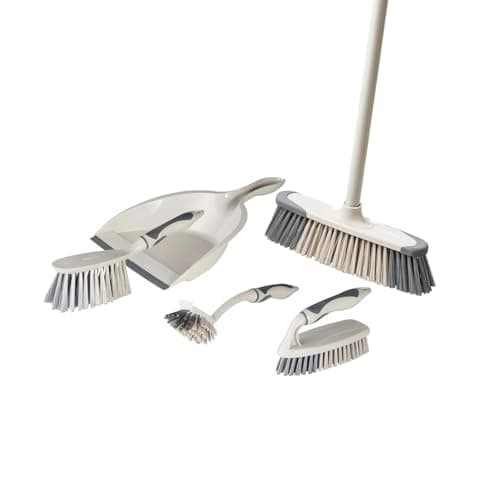 Image of Tower T769002MSH 5-in-1 Cleaning Set with Dust Pan and Brush/Kitchen Broom/Dish Brush/Scrub Brush, Latte & Grey