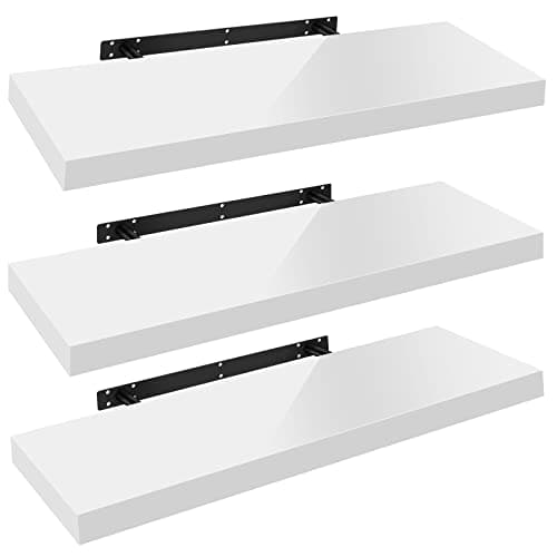 Image of WOLTU High Gloss Floating Shelves,Set of 3 Wall Shelf,CD DVD Storage Corner Shelf, Premium Wooden Shelves for Bedroom LivingRoom kitchen 90x22.9x3.8cm, White, RG9481ws-3-UK