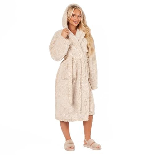 Image of Brentfords Dressing Gown Womens Teddy Marl, Mothers Day Gifts Bathrobe with Hood & Pockets Soft Warm Comfy Luxury Oversized Ladies Dressing Gowns, Beige One Size
