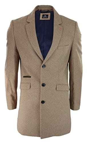 Image of House Of Cavani Mens Smart Casual 3/4 Wool Overcoat Jacket Herringbone Tweed 3 Button Coat - Camel 52
