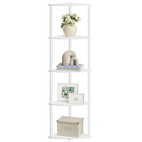 Image of SONGMICS HOME Superfast Toolless Assembly, 5-Tier Corner Shelf, Corner Shelving Unit, Corner Storage Stand, 38.3 x 27 x 139 cm, Living Room, Bedroom, Kitchen, Snow White LBC610W01