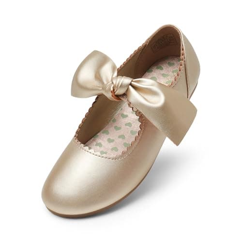 Image of DREAM PAIRS Girls Mary Jane Dress Shoes Front Bow Ballerina Flats for Wedding, Party, Christmas,Size 10 Little Kid,Gold,Angie-5