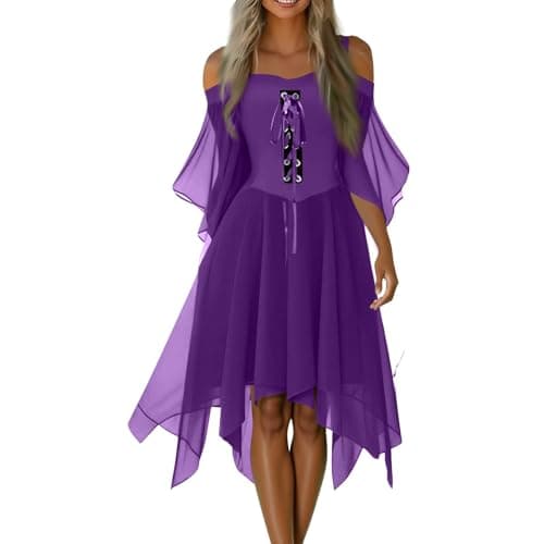 Image of TOFOTL Couple Halloween Costumes Adults Skater Puffy Ruffle Dress Velvet Goth Dresses Swing Draculaura Adult Womens Halloween Costumes Women Goth Puff Sleeve Ballgown I-Purple Pink L