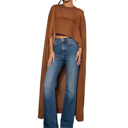 Image of Edhomenn Women Summer Sheer Tops Irregular Cover-ups Summer Crew Neck Chiffon Beachwear Swimwear Clubwear (Coffee, One Size)