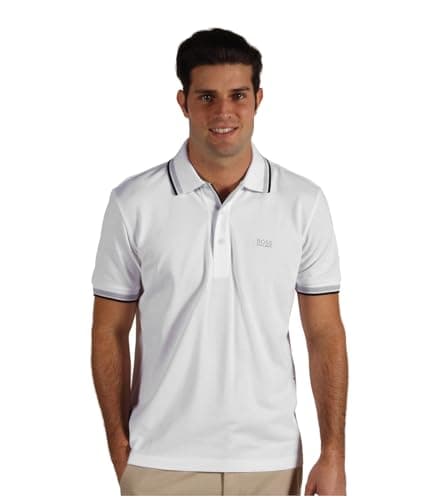 Image of BOSS Mens Paddy Cotton-piqué Polo Shirt with Striped Collar and Cuffs White