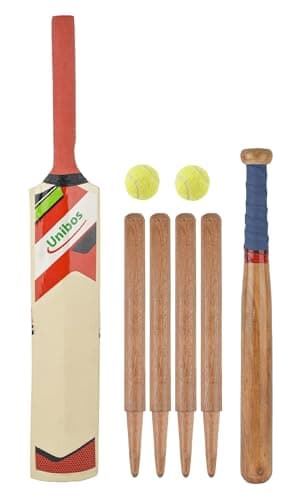 Image of Unibos | 2-In-1 Size 3 Cricket & Rounders Set – Complete Wooden Bat Set With Stumps, Bails, 2 Balls & Mesh Carry Bag – Family Garden Outdoor Game For Kids & Adults