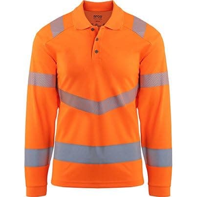 Image of TROJAN Arco Men’s Hi-Vis Long Sleeve Polo Shirt, Orange, Class 3 EN ISO 20471 & RIS-3279-TOM, Recycled Polyester, UPF 40+ UV Protection, Reflective Tape, Size M, Mens Medium