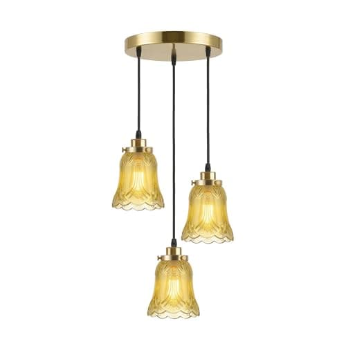 Image of 3 Light Cluster Pendant Ceiling Light with Bulb Vintage Amber Glass Pendant Lamp E27 Adjustable Hanging Light French Gold Metal Ceiling Light Fixture for Kitchen Island Dining Room Bedroom Hallway