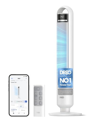 Image of DREO Smart Tower Fan for Bedroom& Home, 26ft/s Powerful Airflow, 33ft Coverage, 1-12H Timer, 4 Speeds, 3 Modes, 28dB Bladeless Fan with App & Voice Control, 90° Oscillating Cooling Fan, LED Display