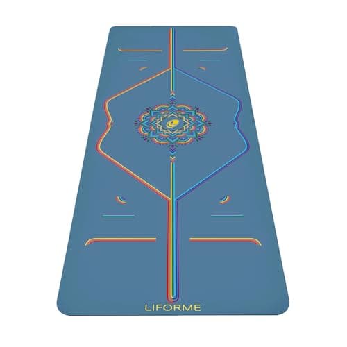 Image of Liforme Printed Yoga Mat - Free Yoga Bag, Patented Alignment System, Warrior-Like Grip, Non-Slip, Eco-Friendly, Biodegradable, Sweat-Resistant, Long, Wide and Thick for Comfort - Blue Sky Rainbow