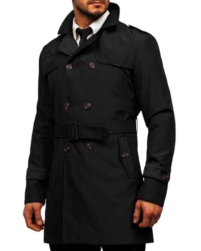 Image of Runcati Trench Coat Men's Slim Fit Double Breasted Coat Medium Length Classic Business Casual Coat Autumn Windproof Coat, black, L