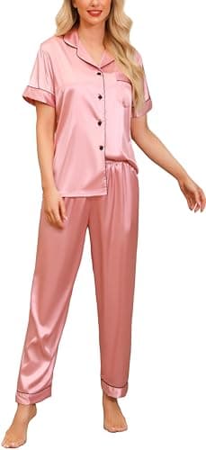 Image of Vlazom Womens Silk Pyjamas, Soft Satin Short Sleeve Top & Long Pant Pyjamas Set Button Down Pj Sets Loungewear for All Seasons, A-Pink,S