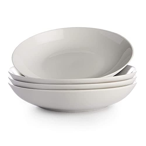 Image of White Pasta Bowls - Set of 4 | Porcelain Serving Dishes | Soup & Cereal Bowl Set | Stackable Bowls | Dishwasher, Oven & Freezer Safe Dinnerware | M&W