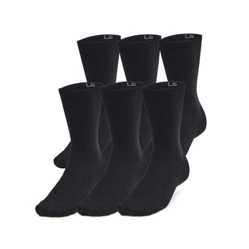 Image of Under Armour Unisex Essential 6pk Crew, Ultra-Thin and Lightweight Gym Socks, Crew Socks with Arch Support and Odour Control Technology,Black/Black/Castlerock,MD