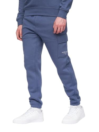 Image of Henleys Mens Designer Fleece Jogging Bottom Jog Pants Classic Logo Tracksuit Bottoms Cuffed Closed Cuff with Drawcord Waist Basic Core Sweatpants Lounge Lite Blue XL