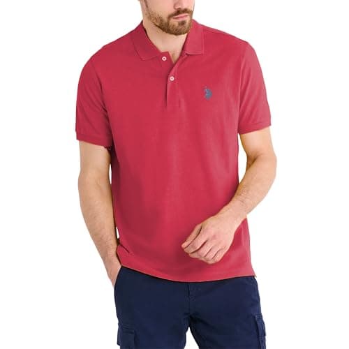 Image of U.S. Polo Assn. Men's Classic Polo Shirt, Two-Button Closure Pique Polo Shirt, Summer Fashion Golf Shirt, Autumn Sky Red, Medium