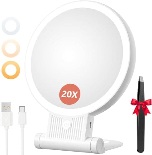 Image of Auxmir 20X Magnifying Mirror, Double Sided 1X /20X Makeup Mirror with Light, Folding Lighted Rechargeable Beauty for Travel, Rotating 3 Color Lights, Dimmable Touch Screen