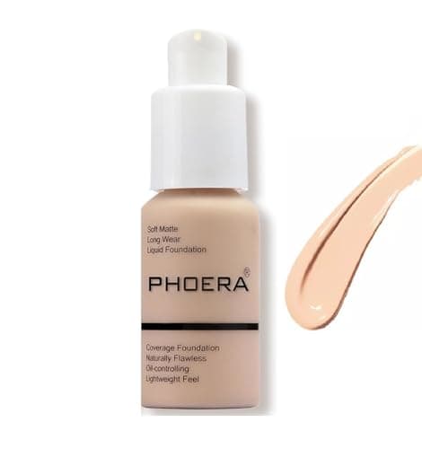 Image of PHOERA Full Coverage Liquid Foundation Makeup – Long Lasting Matte Finish, Oil Control, Waterproof, Buildable Coverage for All Skin Types (NUDE)