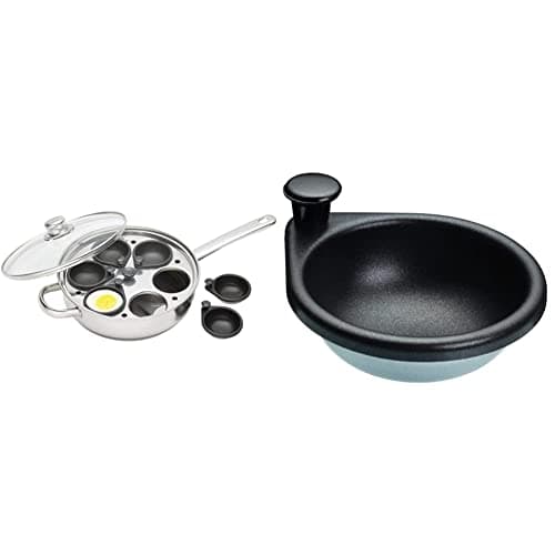 Image of KitchenCraft Egg Poacher Pan with Non Stick, Induction Safe, Stainless Steel, Fits 6 Eggs, 26 cm (10''), Silver & Non Stick Egg Poacher Cup for Single Egg, Metal, 7 cm (2.8")